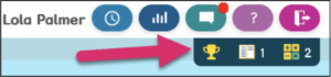 An arrow pointing to the trophy icon found under My Rewards.